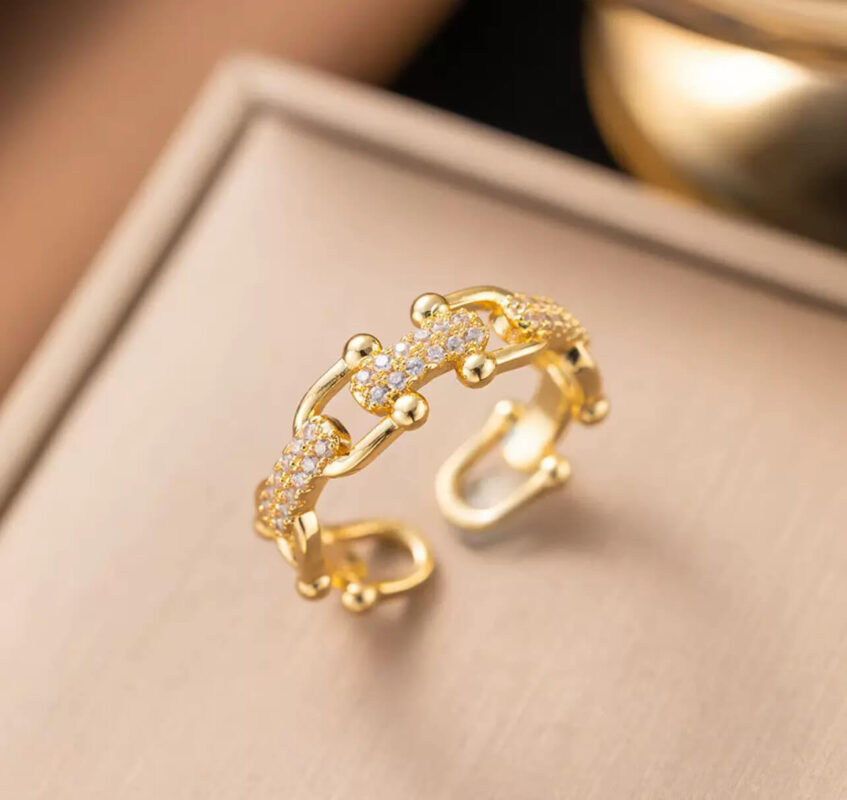 U Shaped Adjustable Sterling Silver Rings with Zircons GOLD