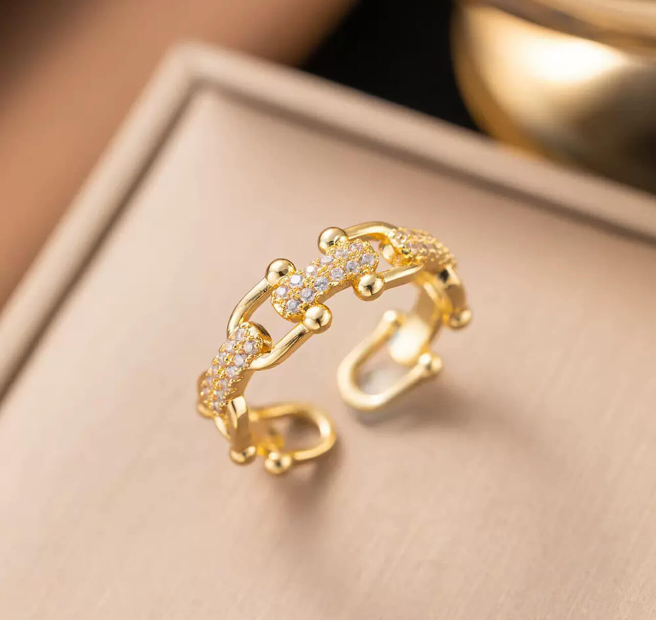 U Shaped Adjustable Sterling Silver Rings with Zircons GOLD