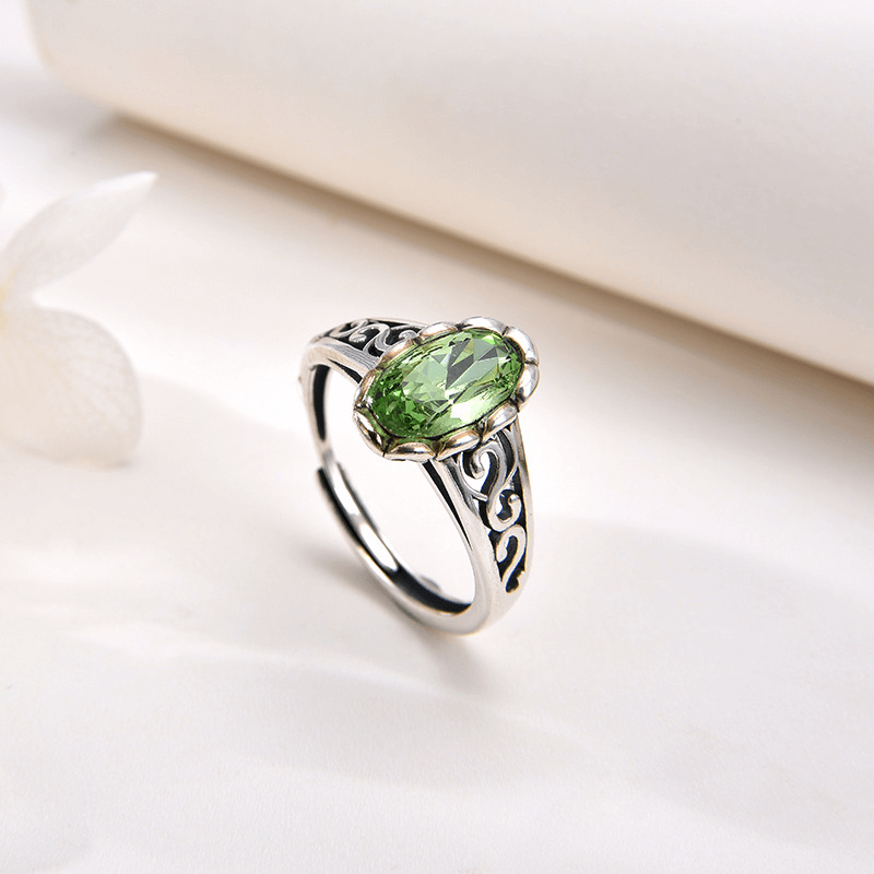925 Sterling Silver Vintage Green Oval Crystal Ring for Women Wholesale