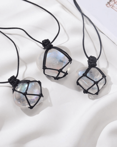 Net Bag Wrapped Aura Clear Quartz Heart Pendant