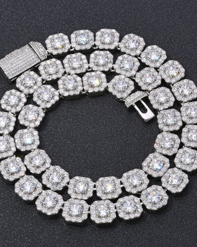 10MM12MM Square Diamond CZ Tennis Necklace Bracelet Hip-hop-white gold plated