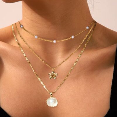 14K Gold Plated Pearl Shell Charm Necklaces for Women Wholesale (5)