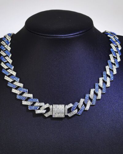 15mm Mens Necklaces Cuban Link with Blue and White Zircon