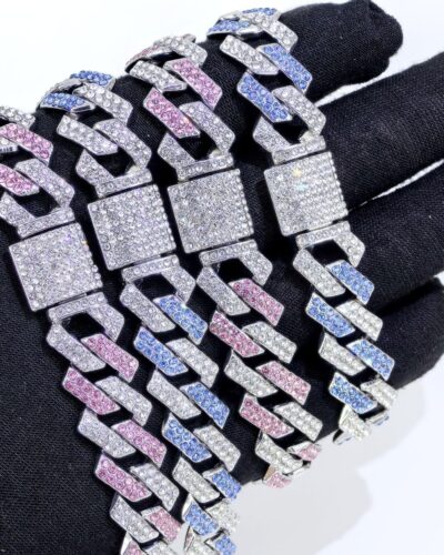 15mm Mens Necklaces Cuban Link with Blue and White Zircon