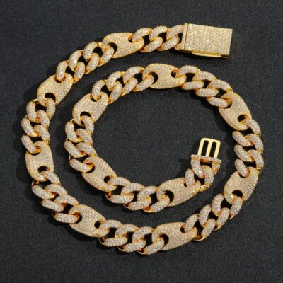 15mm Puffed Mariner 18K Gold Plated Cubic Zirconia Cuban Link Chain-gold