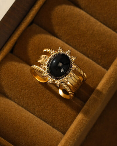 18K Gold Plated Black Obsidian Rings Stainless Steel show