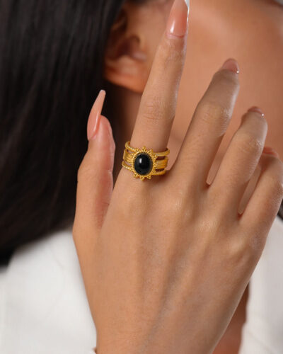 Alternatief beeld van 18K Gold Plated Black Obsidian Rings Stainless Steel