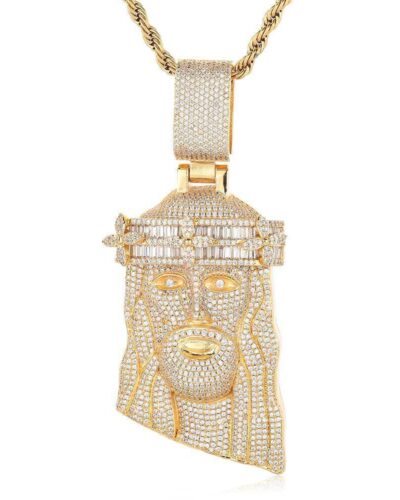 18K Gold Plated Iced Out Large Christ Head Pendant Necklace for Men (1)