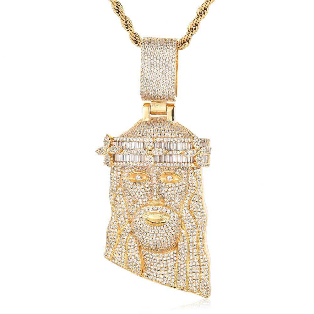 18K Gold Plated Iced Out Large Christ Head Pendant Necklace for Men (1)