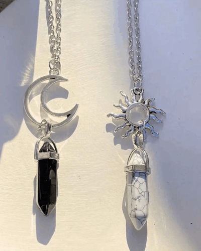 2 Pcs Hexagon Pendant Necklace Set with Sun Moon Pattern