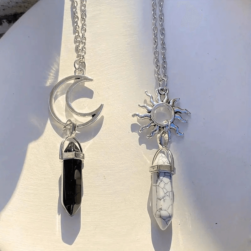 2 Pcs Hexagon Pendant Necklace Set with Sun Moon Pattern