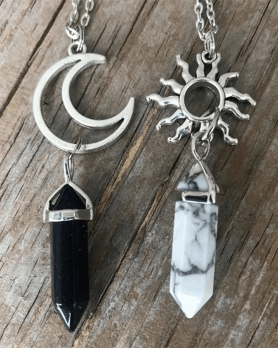 2 Pcs Hexagon Pendant Necklace Set with Sun Moon Pattern