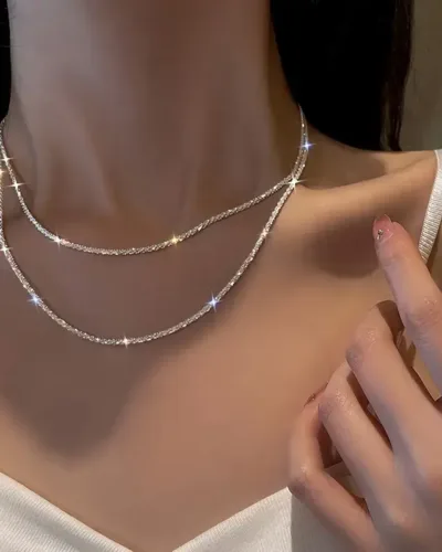2pcs Elegant Silver Plated Sparkle Chain Necklace Wholesale (1)