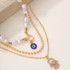 3 Layer Pearl Necklace with Palm Pendant for Women