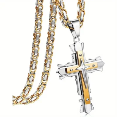 316L Stainless Steel Cross Pendant With Byzantine Chain-GOLD