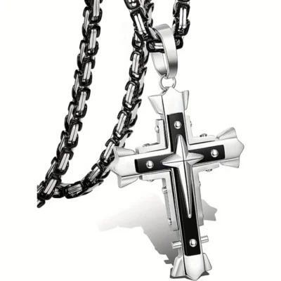 316L Stainless Steel Cross Pendant With Byzantine Chain-BLACK