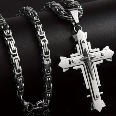316L Stainless Steel Cross Pendant With Byzantine Chain-SILVERY
