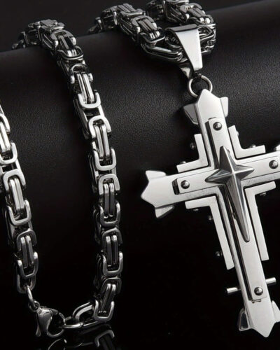 316L Stainless Steel Cross Pendant With Byzantine Chain-SILVERY