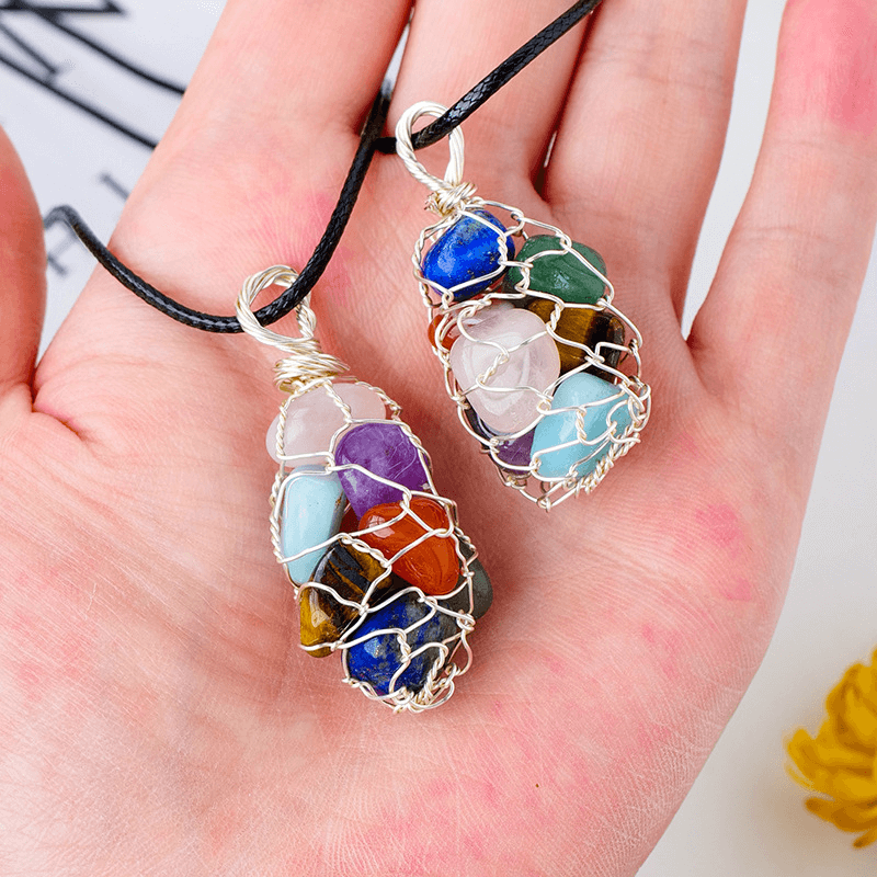 7 Colors Crystal Gravel Pendant Necklace Copper Wire Wrap