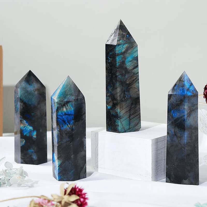 6 Faceted Pointed Crystal Wand Healing Labradorite Tower
