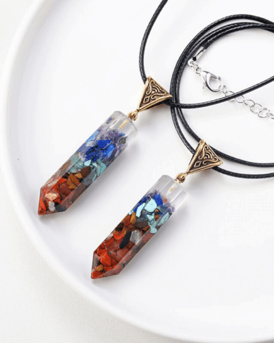 7 Chakra Chip Stone Pointed Crystal Pendant Leather Chain