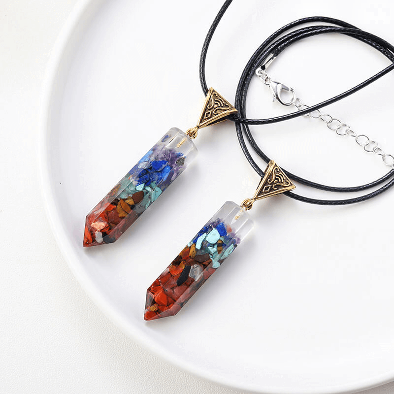 7 Chakra Chip Stone Pointed Crystal Pendant Leather Chain