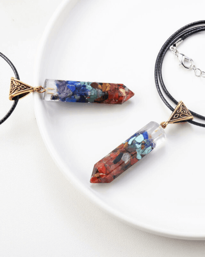 7 Chakra Chip Stone Pointed Crystal Pendant Leather Chain