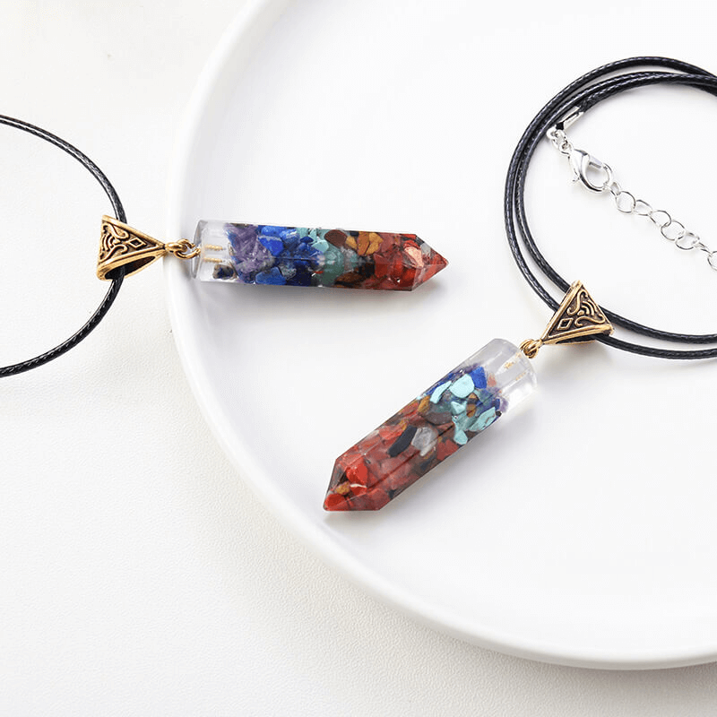 7 Chakra Chip Stone Pointed Crystal Pendant Leather Chain