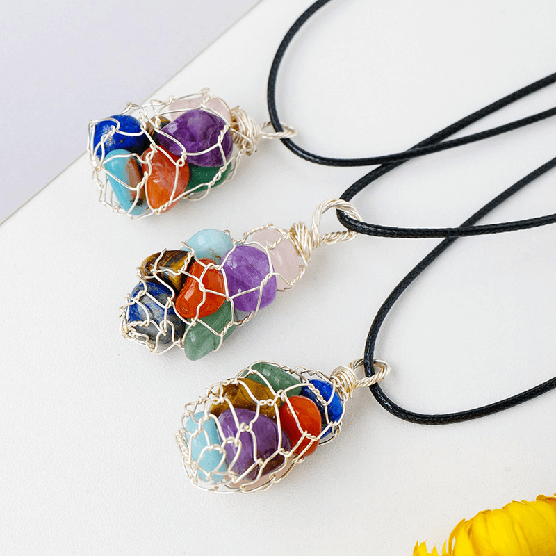 7 Colors Crystal Gravel Pendant Necklace Copper Wire Wrap
