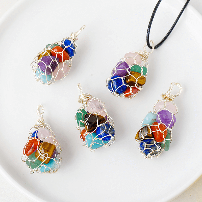 7 Colors Crystal Gravel Pendant Necklace Copper Wire Wrap