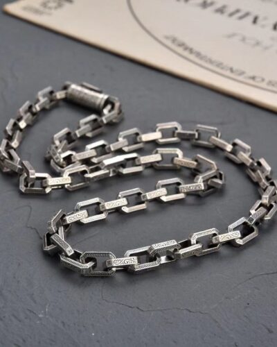 8.5mm Mens Curb Chain Necklace with Chinese Scrollwork