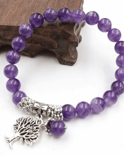 8MM Amethyst Beads Bracelet Tree of Life Charm Unisex