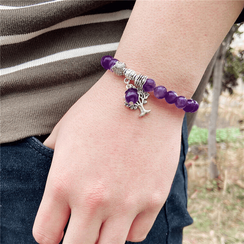 8MM Amethyst Beads Bracelet Tree of Life Charm Unisex