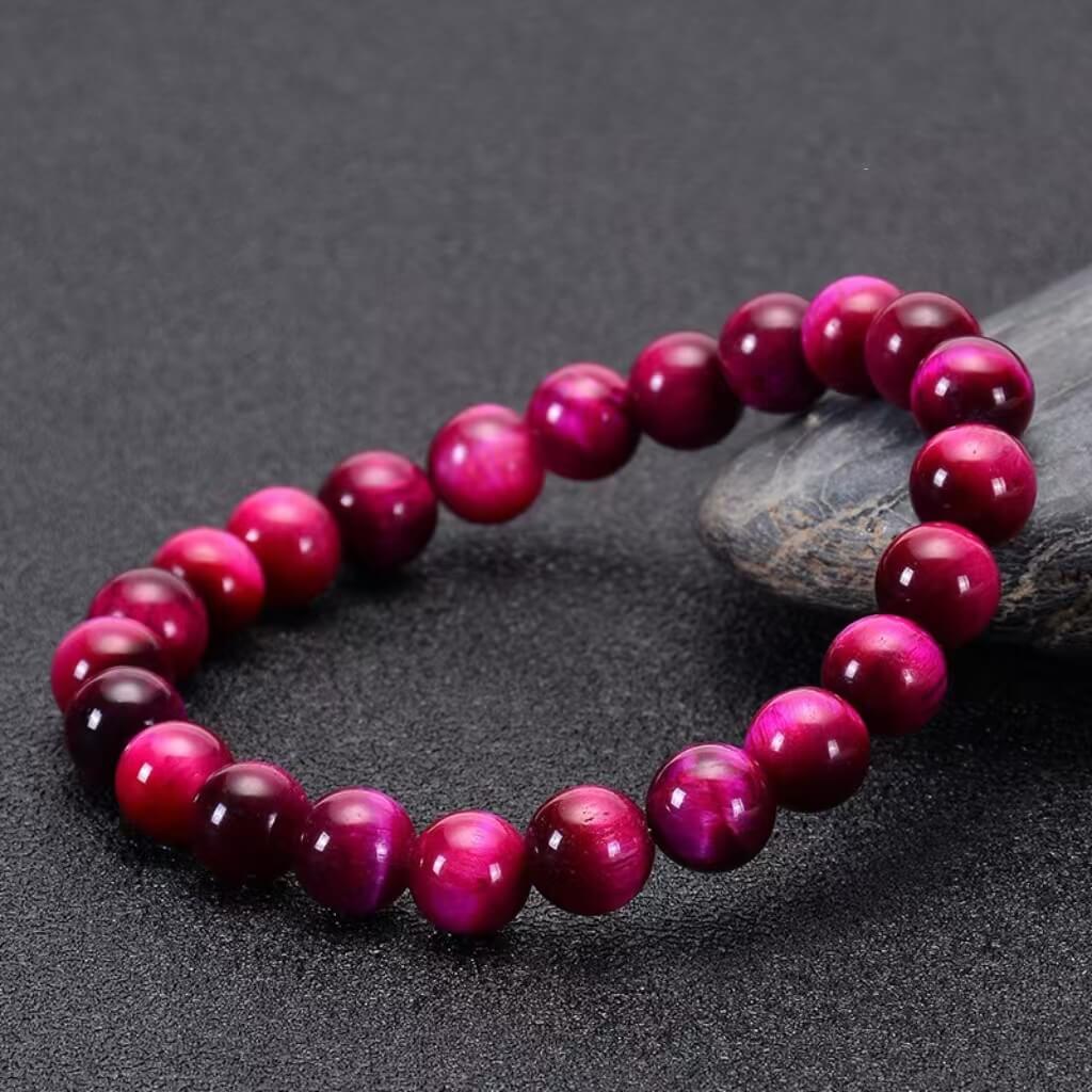 Natural Rose Red Tiger Eye Round Bead Bracelet - Image 5