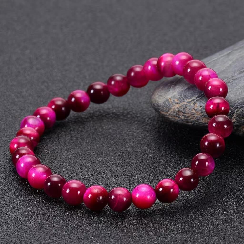 Natural Rose Red Tiger Eye Round Bead Bracelet - Image 4