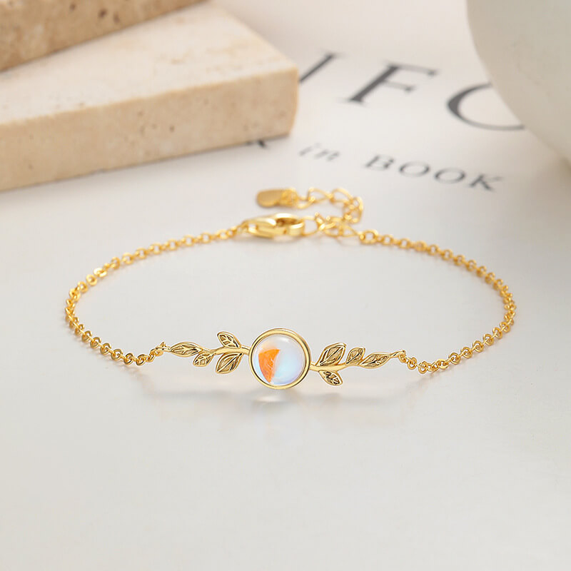 925 Silver Moonstone Bracelet with Leaf GOLD PLATED