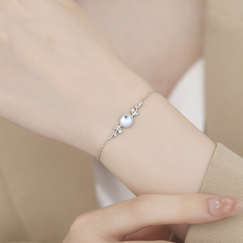 925 Silver Moonstone Bracelet with Leaf - Görüntü 3