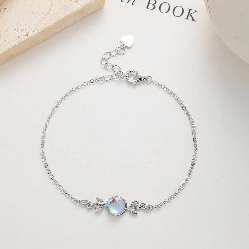 925 Silver Moonstone Bracelet with Leaf - Görüntü 2