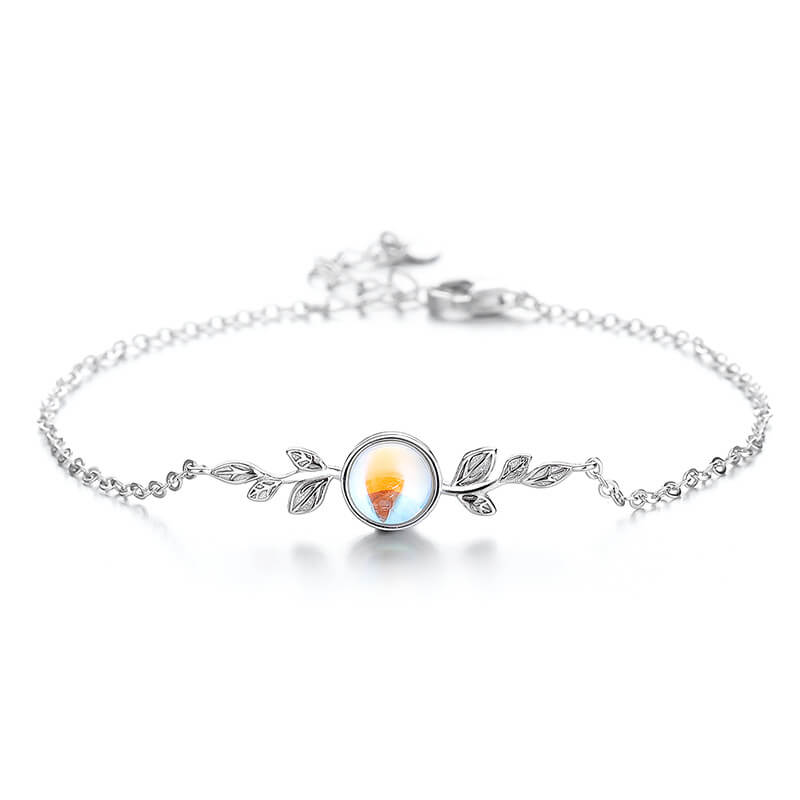 925 Silver Moonstone Bracelet with Leaf WHITE GOLD PLATEED