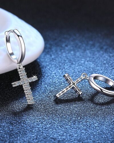 925 Sterling Silver Moissanite Cross Hoop Earring