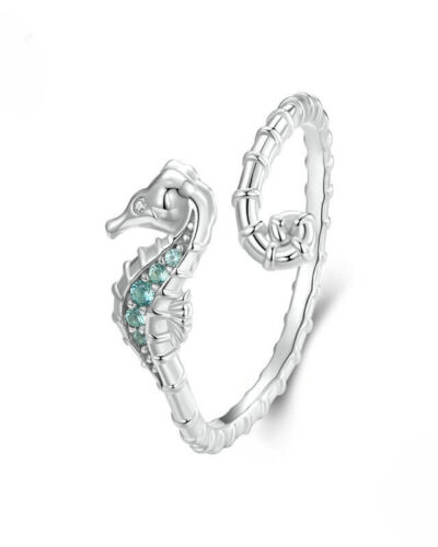 Adjustable Sterling Silver Seahorse Ring White Gold Plated