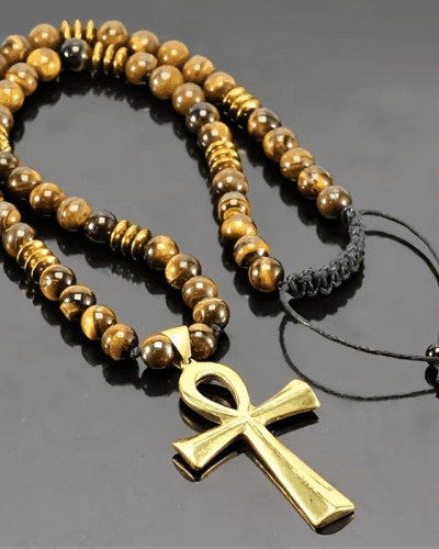 Adjustable Unisex Tiger Eye Beads Cross Pendant Necklace