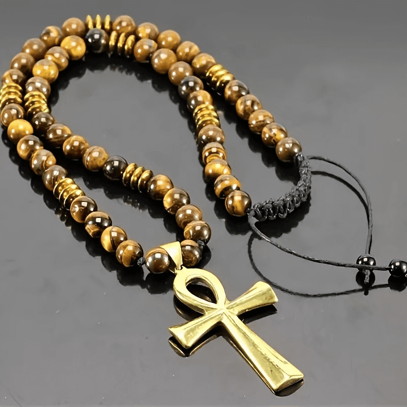 Adjustable Unisex Tiger Eye Beads Cross Pendant Necklace