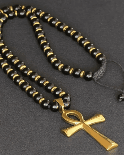 Adjustable Unisex Tiger Eye Beads Cross Pendant Necklace