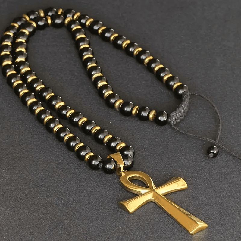 Adjustable Unisex Tiger Eye Beads Cross Pendant Necklace