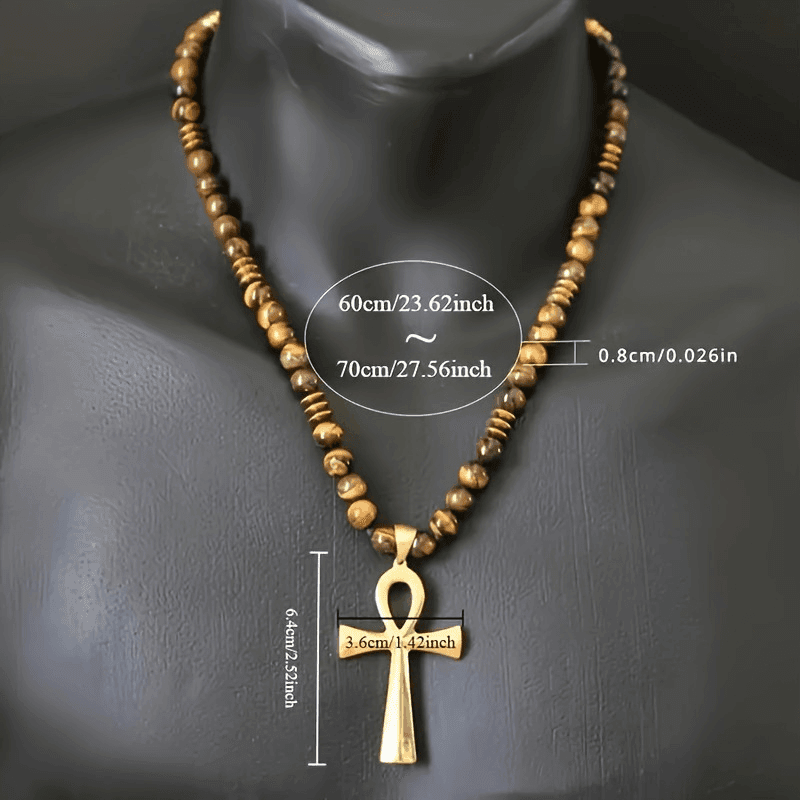 Adjustable Unisex Tiger Eye Beads Cross Pendant Necklace