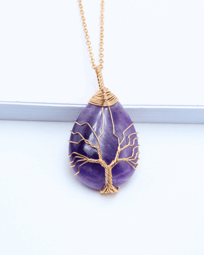 Tree of Life Teardrop Healing Crystal Pendants Metal Chain