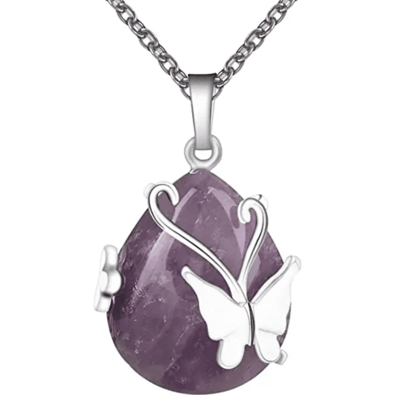 Healing Butterfly Wrapped Crystal Pendant Necklace for Women
