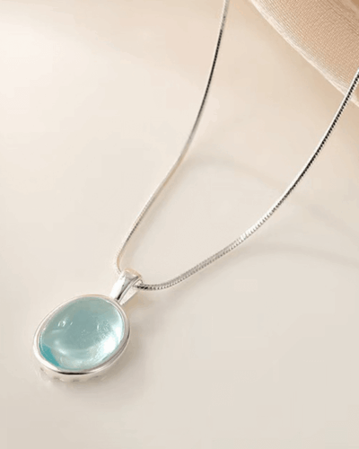 Minimalist Oval White Chalcedony Aquamarine Crystal Necklace