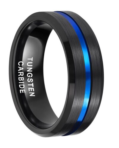 Black Mens Tungsten Ring with Blue Channel